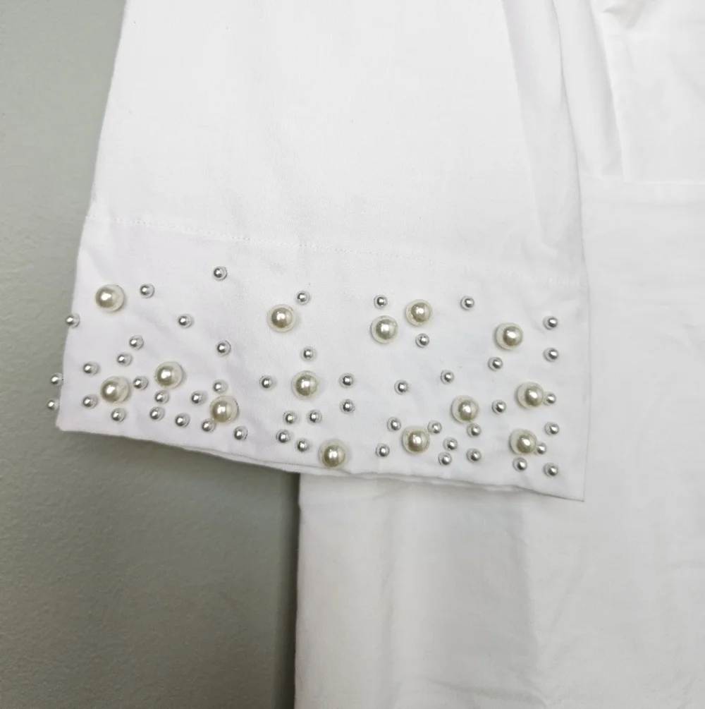 BHLDN Brynlee Mock-Neck 3/4 Sleeve Mini Dress w Pearl Accents, Ivory, LARGE